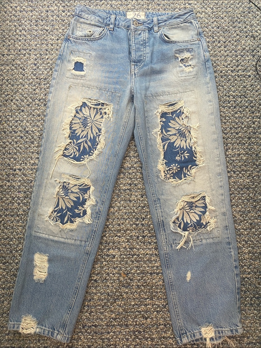 We The Free Light Blue Distressed Jeans with Navy Floral Patchwork